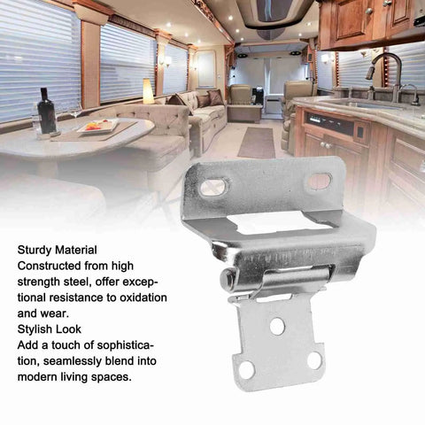 Close-up of self closing cabinet hinge set two piece steel with enhanced safety for kitchen bathroom RV campervan, shown in champagne finish.