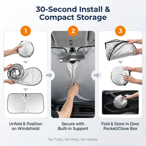 30-second install process for Tailored Fit Windshield Sun Shade For Rivian R2, showing steps for setup and storage.