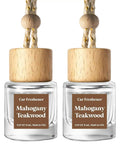 Premium Mahogany Teakwood Car Air Freshener 2 Pack With Hanging Essential Oil Diffuser Inside Sleek Glass Bottle.