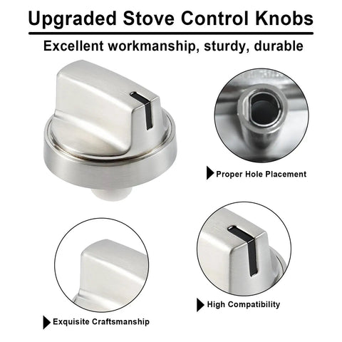 5 Pack Beefed Up Gas Stove Knobs Replacement For JGP3030SL1SS JGP3030SL2SS Cooktop Knobs Two By One Point Eight Inch Size With AP6301265 4585904 PS12296155 EAP12296155 Fits Range showing metal finish and hole placement