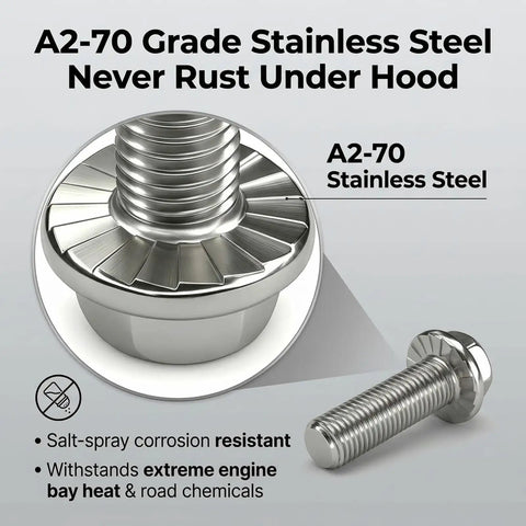 Close-up of Heavy Duty M6 X 25mm Stainless Steel Ignition Coil Mounting Bolts showing A2-70 Grade material details.