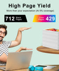 Person pointing at high page yield of 61XL Black And Tri Color Ink Cartridge Combo Pack. Shows 712 black and 429 color pages.