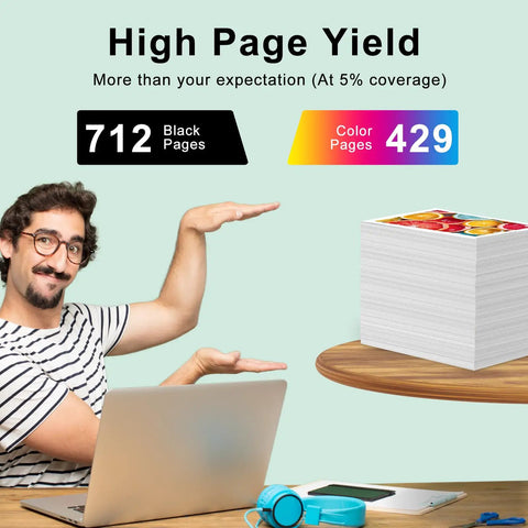 Person pointing at high page yield of 61XL Black And Tri Color Ink Cartridge Combo Pack. Shows 712 black and 429 color pages.