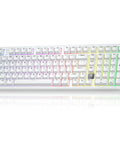 Rock Solid Aluminum Wireless Mechanical Gaming Keyboard With Dedicated Numberpad Featuring Tri Mode Bluetooth And Usb Wired Connection For Zero Lag Action And Butter Smooth Typing On Windows Mac And Tablets, white with RGB backlighting.