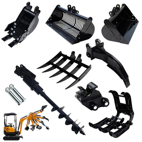 Pro Grade Mini Excavator Attachments Kit With Narrow Bucket Ripper Rake Auger Grapple Quick Hitch Screening Bucket Eight Piece