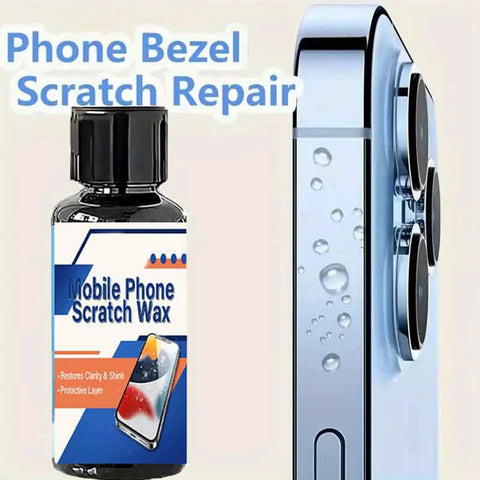Easy Fix Screen Scratch Remover Kit With Polishing Cream And Sponge For Watches Glasses Laptops And Electronics Quick Restore To Clearer Views Reduce Scratches And Bring Back Pristine Clarity, mobile phone scratch repair wax bottle next to phone bezel.