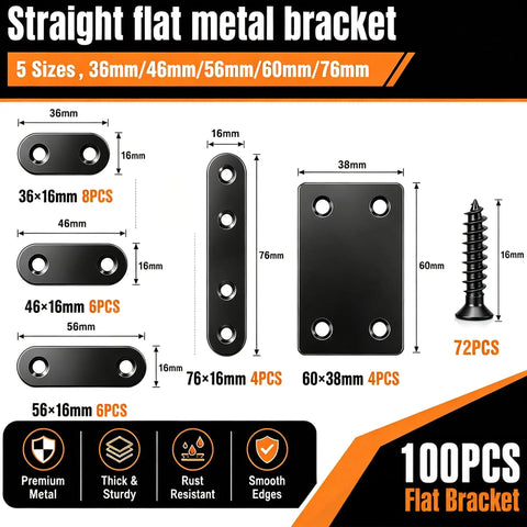 Heavy Duty 100 Piece Stainless Steel Flat Plate Straight Brackets 36mm To 76mm in five sizes for furniture reinforcement.