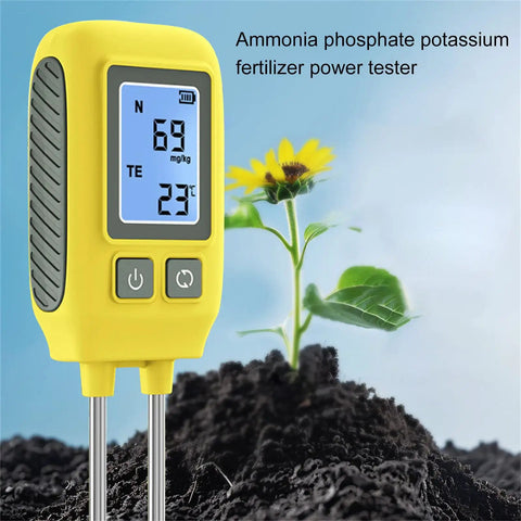 4 In 1 NPK Soil Tester With Temperature Readings For Indoor And Outdoor Gardening next to a sprouting plant in soil