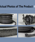 DRISSA PTFE-graphite braided packing on spool; expanded graphite, 4x4mm, 9.8ft length
Close-up of DRISSA graphite braided packing end showing frayed fibers
DRISSA graphite braided packing texture along braid, black braided strands
Installed-style view: DRISSA graphite braided packing wrapped around a gland area