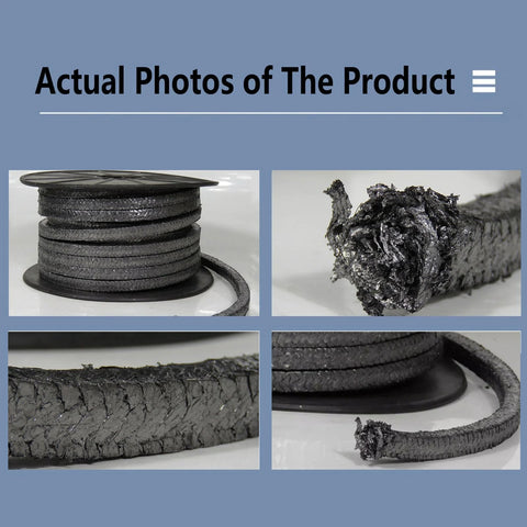 DRISSA PTFE-graphite braided packing on spool; expanded graphite, 4x4mm, 9.8ft length
Close-up of DRISSA graphite braided packing end showing frayed fibers
DRISSA graphite braided packing texture along braid, black braided strands
Installed-style view: DRISSA graphite braided packing wrapped around a gland area