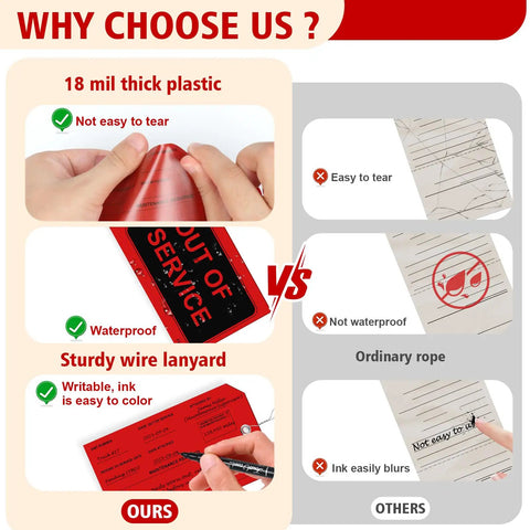 Comparison image highlighting advantages of Rock Solid Waterproof Red Out Of Service Tags Bundle with sturdy tie cords.