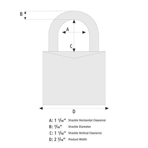 Diagram of Granit Alloy Steel Padlock With 2 Inch Shackle, Keyed Alike, High Security Disc Cylinder. Measurements indicated in inches.
