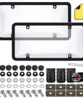 2 Pack Clear License Plate Covers For Front And Rear With Frames And Screw Caps Built Tough Rustproof Unbreakable Weatherproof Easy Install For Cars Trucks SUVs Transparent, showing clear covers, frames, hardware, and a cloth.