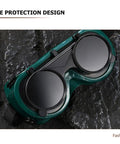 Four Pack Heavy Duty Welding Safety Goggles With Anti Scratch Coating And Double Flip Up Lenses For Solid Rugged Industrial Eye Protection And Harsh Arc Blocking, shown from above on rocky surface.