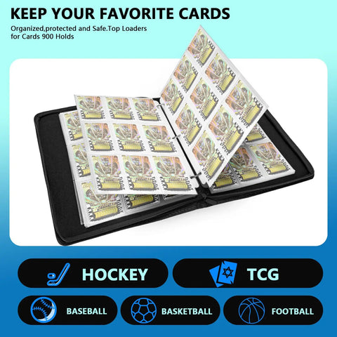 900-Card Capacity Top Loader Binder For 3x4 Cards with 9-Pocket Pages shown open, featuring side-loading design, in durable black.