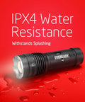 Four Pack LED Tactical Flashlights S300 Pro IPX4 Waterproof Beefy Bright EDC Torches shown with water resistance feature.