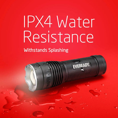 Four Pack LED Tactical Flashlights S300 Pro IPX4 Waterproof Beefy Bright EDC Torches shown with water resistance feature.