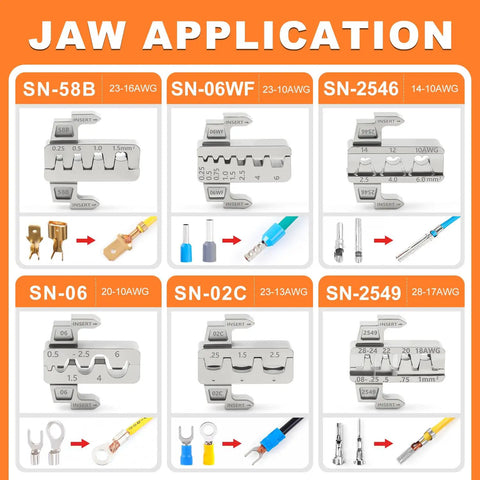 Jaw application chart for Crimping Tool Set With 2210H Heat Shrink Crimping Tool And 7 Quick Exchange Jaws.