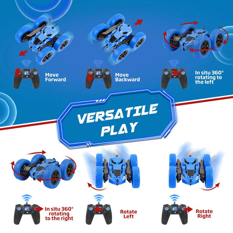 2.4GHz RC Car With 360 Degree Double Sided Flips 4WD Off Road Dope Stunt Truck for Kids aged 6 to 12, showing versatile play options.