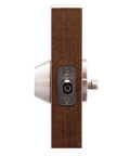 Side view of Satin Stainless Single Cylinder Deadbolt With ANSI Grade 3 Security installed on a wooden door showing turn piece and cylinder guard.