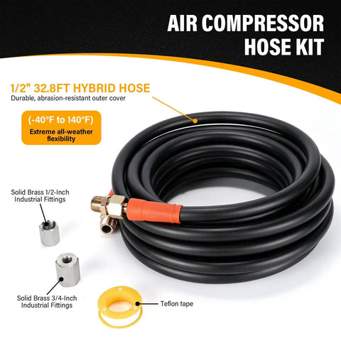 1/2" 32.8FT Hybrid Hose for Air Compressor, durable with brass fittings, ideal for all-weather flexibility.