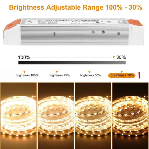 Dimmable LED Driver 120W 12V DC Power Supply For Christmas Lights with brightness range from 100% to 30% showing LED strips illumination.