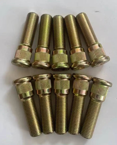 Ten Piece Press In Wheel Stud Kit Lug Replacement Half Inch 20 Thread Two Inch Long Knurled Class 12.9 Replacement For Dexter Trailer Hub 3500 To 7000 Lb Capacity OEM Compatible, shown in a set of 10