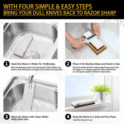 Pro Grade Knife Sharpening Stone Kit With Double Sided Whetstones 400 1000 And 3000 8000 in use, showing soaking and sharpening steps