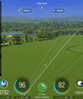 Launch Monitor And Golf Simulator With Metal Protective Case For Home Practice Real Time Ball Speed Distance Launch Angle Club Speed Spin Rates Virtual Driving Range Experience Pro Grade Data And Easy Setup display screen showing ball trajectory and speed.