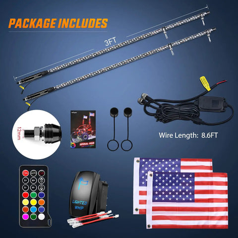 Package contents of 2 Pack 3Ft Spiral RGB LED Whip Lights With RF Remote 360 Degree Chasing Color 12 Color Modes for off-road vehicles