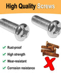 Two rustproof stainless steel screws next to rusty screws illustration with text highlighting rust-proof, high strength, wear-resistant qualities.
