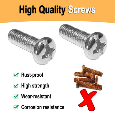 Two rustproof stainless steel screws next to rusty screws illustration with text highlighting rust-proof, high strength, wear-resistant qualities.