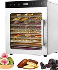 Heavy Duty 1000W Commercial Food Dehydrator With Ten Slick Stainless Trays drying fruits like figs, dates, and prunes on racks.