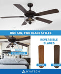 52 Inch Indoor Ceiling Fan With Light And Remote Control In Oil Rubbed Bronze With Clear Glass Farmhouse Style Reversible Blades