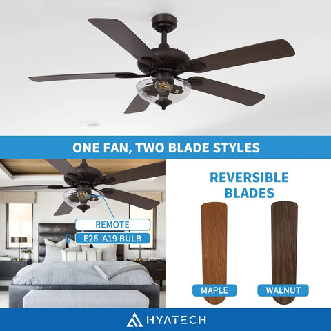 52 Inch Indoor Ceiling Fan With Light And Remote Control In Oil Rubbed Bronze With Clear Glass Farmhouse Style Reversible Blades
