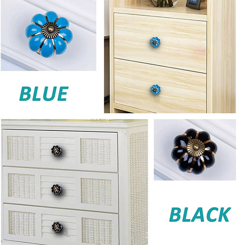 Hand Painted Red Ceramic Pumpkin Cabinet Knobs Set Of Four With Steel Screws For Kitchen Drawers And Vanities, blue and black designs.