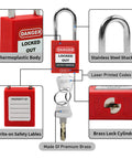 Close-up of OSHA Compliant Lockout Tagout Kit padlock with thermoplastic body, stainless steel shackle, and brass lock cylinder.