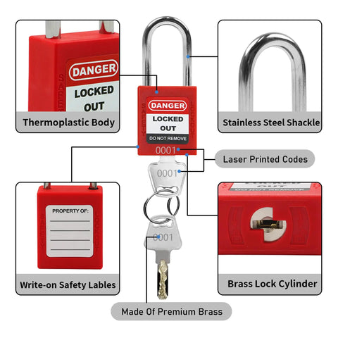 Close-up of OSHA Compliant Lockout Tagout Kit padlock with thermoplastic body, stainless steel shackle, and brass lock cylinder.