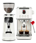 Professional Ivory Espresso Machine With 58mm Commercial Brew Group And Standalone 64mm Flat Burr Grinder, double espresso brewing.