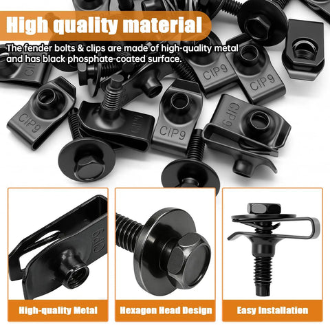 All In One M6 1.0 Fender Liner Screw And U Nut Clips Kit with metal hex head bolts and U-shaped nut clips laid out on a surface.