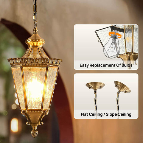 Copper Outdoor Pendant Light With Waterproof Anti Rust Finish, brass hanging fixture shown installed with bulb details