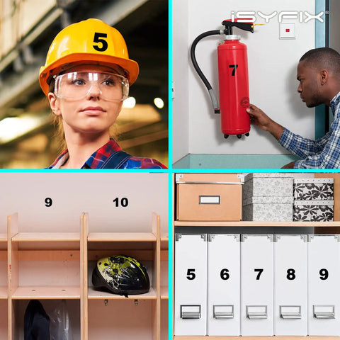 Worker with helmet, fire extinguisher, locker with black vinyl address numbers stickers 2 inch self adhesive premium die cut.
