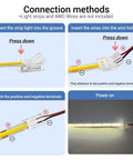 Connection guide for Top Shelf 10mm Cob Led Strip Connector Clips Two Pin Solderless Wire Adapter Terminal Extender.
