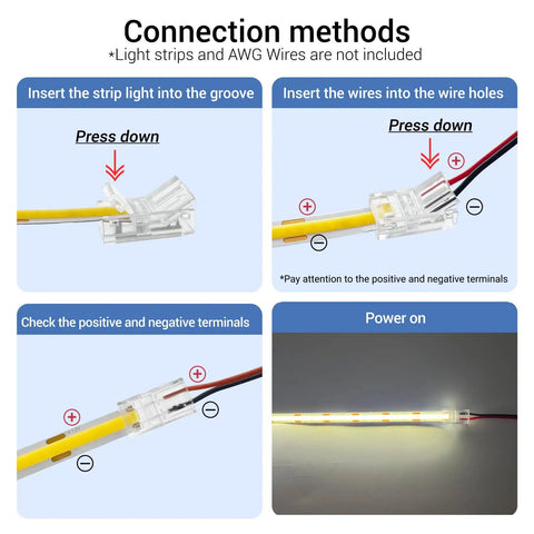 Connection guide for Top Shelf 10mm Cob Led Strip Connector Clips Two Pin Solderless Wire Adapter Terminal Extender.