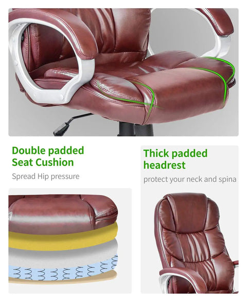Ergonomic High Back Office Chair With PU Leather Adjustable Desk Chair Swivel Task Chair With Armrests And Lumbar Support Easy Assembly Height Adjustable Tilt All Day Comfort Brown, showing double padded seat and thick padded headrest.