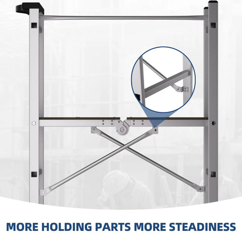 5 Foot Foldable Aluminum Scaffolding, Portable Rolling Work Platform With Adjustable Height, Scaffold Tower And Ladder Stool, Multiuse Work Bench, Lightweight Aviation Aluminum Alloy, Boss Level Stability, 330 Lbs Capacity, Easy Setup side brace detail