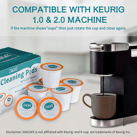 Descaler Cleaning Pods Pack For K Cup Coffee Makers 1.0 And 2.0, 10 Count Maintenance Kit next to a Keurig machine