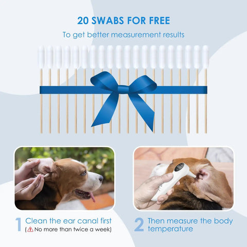 20 swabs for Pet Ear Thermometer for Dogs, Cats, and Livestock with Long Probe, Infrared Ear Thermometer for Fast OneSecond Read, Celsius Fahrenheit Conversion, Sound Switch, 20 Pet Swabs Included