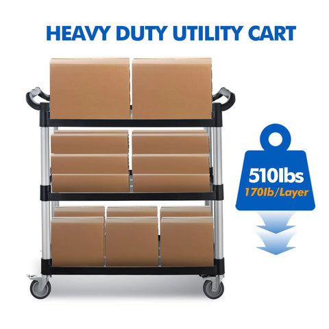 Heavy Duty Utility Rolling Cart With Four Lockable Wheels, 3-Tier Plastic Service Cart, Large Capacity 34x17x37 Inches