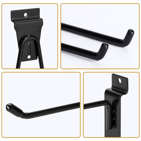 Heavy-Duty Slatwall Baskets and Hooks Kit for Standard Slatwall Panels close-up of black metal hooks in different angles